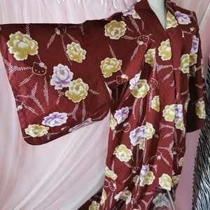 Hello Kitty Yukata Kimono Women Robe Japan Brown Floral Peony Kawaii Sanrio Y2K